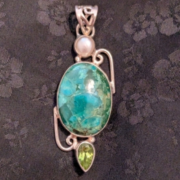 Artisan Handmade Solid Sterling Silver Pearl Genuine Chrysocolla Peridot Pendant - Picture 2 of 11